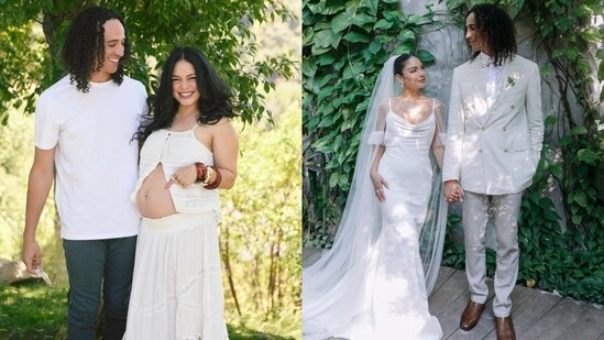 Vanessa Hudgens and Cole Tucker in their pregnancy photoshoot for baby no. 2; them at their December 2023 wedding (Photos: Instagram, X)