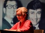 Sohaila Kapur giving an audio-visual presentation on the lives of her uncles Dev Anand, Chetan Anand, and Vijay Anand