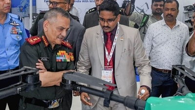 Chief of Defence Staff General Anil Chauhan visits the exhibition on indigenisation of critical components currently being imported from foreign OEMs in the areas of UAV & C-UAS, at the Manekshaw Centre in New Delhi on Wednesday. (ANI)