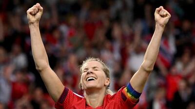 Ada Hegerberg celebrates a goal by teammate Caroline Graham against Finland. (AFP) Ada Hegerberg celebrates a goal by teammate Caroline Graham against Finland. (AFP)
