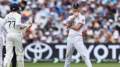 England captain Ben Stokes, right, reacts as India's captain Shubman Gill, left, runs between the wickets during third cricket Test match (AP) England captain Ben Stokes, right, reacts as India's captain Shubman Gill, left, runs between the wickets during third cricket Test match (AP)