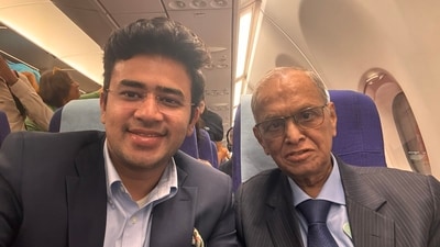 Infosys co-founder Narayana Murthy and BJP MP Tejasvi Surya Infosys co-founder Narayana Murthy and BJP MP Tejasvi Surya