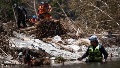 A group of volunteer rescuers from Mexico conduct a thorough search through the flood debris, looking for those missing, as their four legged colleague accompanies them. (Eli Hartman/Bloomberg) A group of volunteer rescuers from Mexico conduct a thorough search through the flood debris, looking for those missing, as their four legged colleague accompanies them. (Eli Hartman/Bloomberg)
