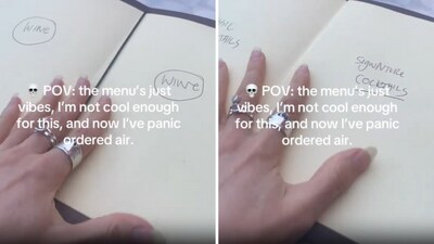 The video shows a plain leather-bound menu with barely any detail and just single words like “wine” and “food” scrawled on the pages. (TikTok/@randombutclassy.x ) The video shows a plain leather-bound menu with barely any detail and just single words like “wine” and “food” scrawled on the pages. (TikTok/@randombutclassy.x )