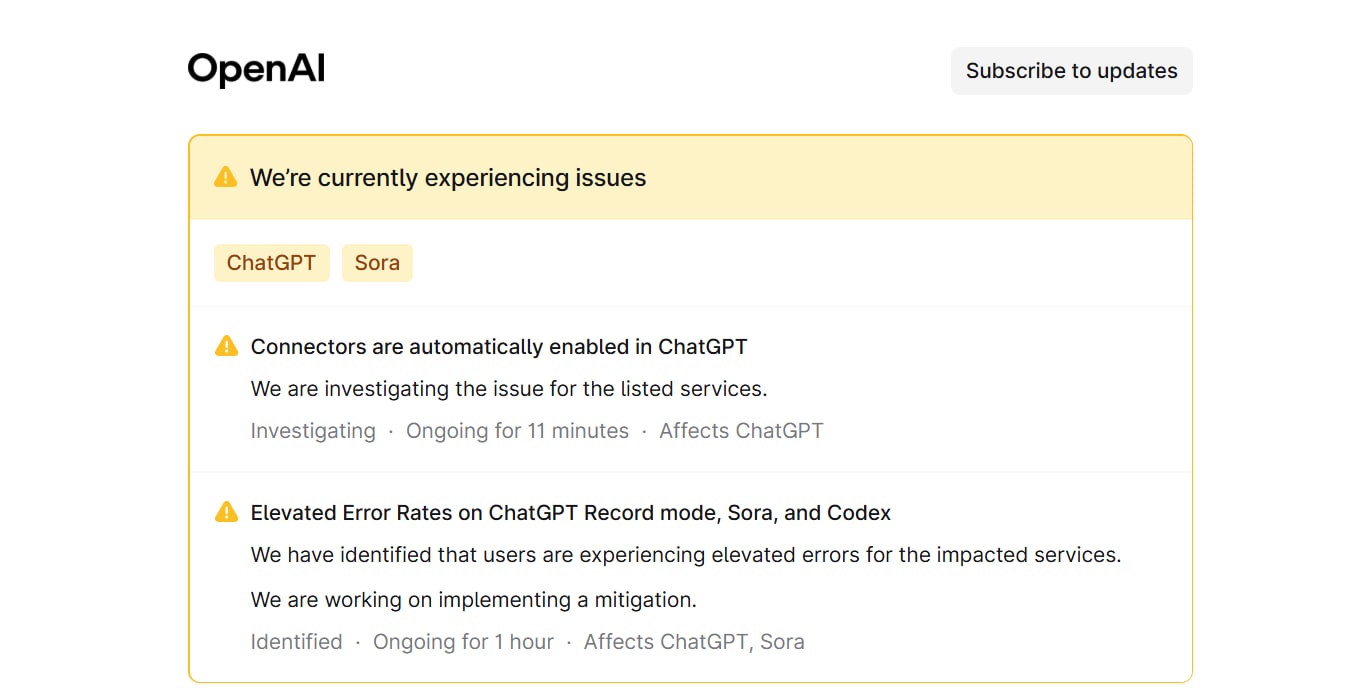 OpenAI acknowledged the error with ChatGPT on it's status page. (OpenAI website) OpenAI acknowledged the error with ChatGPT on it's status page. (OpenAI website)