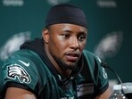 Philadelphia Eagles' Saquon Barkley speaks during a news conference at NFL football minicamp.