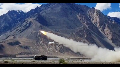 Akash Prime the upgraded variant of Akash Weapon System successfully engaged and destroyed two Aerial High Speed Unmanned targets during trials at high altitude in Ladakh Sector on Thursday. The weapon system is customised to operate in altitude above 4500 meters and has latest upgrades including indigenously developed RF seeker. (ANI)