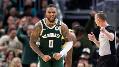 Damian Lillard reacts after causing an Indiana Pacers turnover (Getty Images via AFP)