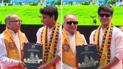 While posing for a photo, the student turns to the professor and cheekily asks if he can wear sunglasses for the photo. (Instagram/iitropar.diaries) While posing for a photo, the student turns to the professor and cheekily asks if he can wear sunglasses for the photo. (Instagram/iitropar.diaries)