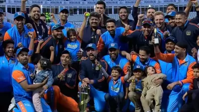 India Champions celebrate their trophy win at World Championship of Legends in 2024. India Champions celebrate their trophy win at World Championship of Legends in 2024.