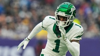 New York Jets cornerback Sauce Gardner (1) follows a play during an NFL football game against the Minnesota Vikings at Tottenham Hotspur Stadium. (AP Photo/Steve Luciano, File) (AP) New York Jets cornerback Sauce Gardner (1) follows a play during an NFL football game against the Minnesota Vikings at Tottenham Hotspur Stadium. (AP Photo/Steve Luciano, File) (AP)