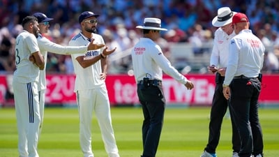 London: India's captain Shubman Gill, Akash Deep and Mohammed Siraj interact with umpires Paul Reiffel and Sharfuddoula over ball change (PTI) London: India's captain Shubman Gill, Akash Deep and Mohammed Siraj interact with umpires Paul Reiffel and Sharfuddoula over ball change (PTI)