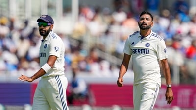 Mohammed Siraj with teammates Shubman Gill and Jasprit Bumrah during the fourth day of the third Test match between India and England (PTI) Mohammed Siraj with teammates Shubman Gill and Jasprit Bumrah during the fourth day of the third Test match between India and England (PTI)
