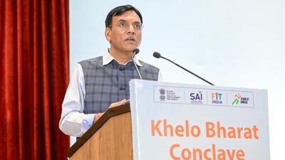 Sports minister Mansukh Mandaviya addresses the Khelo Bharat Conclave. (MYAS) Sports minister Mansukh Mandaviya addresses the Khelo Bharat Conclave. (MYAS)