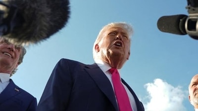 Donald Trump speaks with the media, accompanied by U.S. Secretary of the Interior Doug Burgum and U.S. Secretary of Commerce Howard Lutnick. (HT_PRINT) Donald Trump speaks with the media, accompanied by U.S. Secretary of the Interior Doug Burgum and U.S. Secretary of Commerce Howard Lutnick. (HT_PRINT)