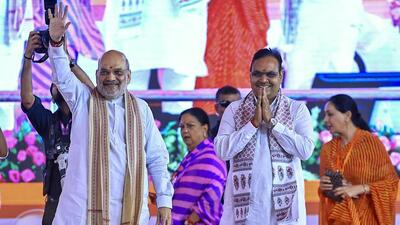 Union home minister Amit Shah with Rajasthan chief minister Bhajanlal Sharma in Jaipur on Thursday. (PTI) Union home minister Amit Shah with Rajasthan chief minister Bhajanlal Sharma in Jaipur on Thursday. (PTI)