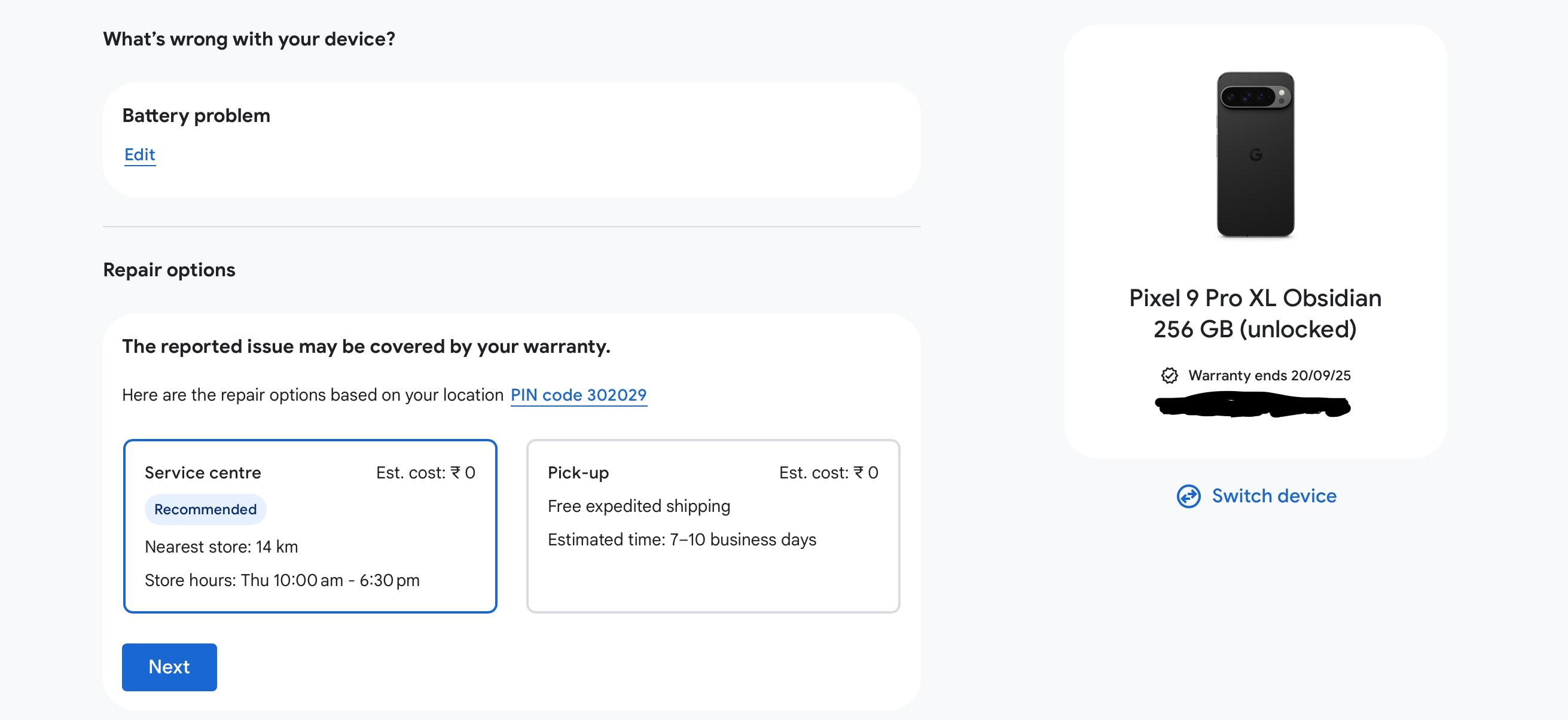 Google Website interface to book a service centre appointment or to get your device picked-up. (Shaurya Sharma)
