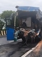 The damaged bus at the accident site. (HT PHOTO)