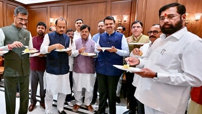 Maharashtra CM Devendra Fadnavis at the 'Chahapan' held after the conclusion of the Maharashtra Legislative Monsoon Session 2025, at Vidhan Bhavan in Mumbai on Friday. State Dy CMs Eknath Shinde, Ajit Pawar and other members of the Legislature also present. (@CMOMaharashtra X) Maharashtra CM Devendra Fadnavis at the 'Chahapan' held after the conclusion of the Maharashtra Legislative Monsoon Session 2025, at Vidhan Bhavan in Mumbai on Friday. State Dy CMs Eknath Shinde, Ajit Pawar and other members of the Legislature also present. (@CMOMaharashtra X)
