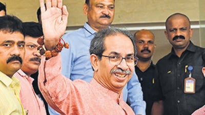 Mumbai, India - July 18, 2025: Uddhav Thackeray and Aditya Thackeray during Monsoon Assembly session at Vidhan Bhavan, in Mumbai, India, on Friday, July 18, 2025. (Photo by Anshuman Poyrekar/ Hindustan Times) (Hindustan Times) Mumbai, India - July 18, 2025: Uddhav Thackeray and Aditya Thackeray during Monsoon Assembly session at Vidhan Bhavan, in Mumbai, India, on Friday, July 18, 2025. (Photo by Anshuman Poyrekar/ Hindustan Times) (Hindustan Times)