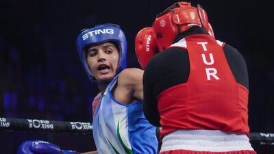 Nupur Sheoran (left) in action at the World Boxing Cup in Astana. (BFI) Nupur Sheoran (left) in action at the World Boxing Cup in Astana. (BFI)