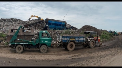 The civic body had previously claimed that the entire dumpsite would be cleared by July 31 this year, but given the current pace of bio-mining, this deadline is likely to be missed again. (HT File) The civic body had previously claimed that the entire dumpsite would be cleared by July 31 this year, but given the current pace of bio-mining, this deadline is likely to be missed again. (HT File)
