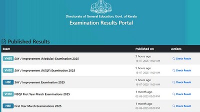 DHSE Kerala plus two SAY result 2025 announced at results.hse.kerala.gov.in (Official website, screenshot) DHSE Kerala plus two SAY result 2025 announced at results.hse.kerala.gov.in (Official website, screenshot)