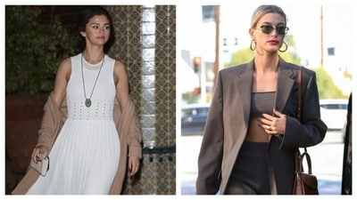 Selena Gomez wore lighter muted tones for her bohemian looks while Hailey Bieber chose a darker palette for her boss lady ensembles. (Reference pics: Pinterest) Selena Gomez wore lighter muted tones for her bohemian looks while Hailey Bieber chose a darker palette for her boss lady ensembles. (Reference pics: Pinterest)
