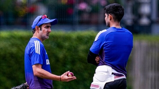 India head coach Gautam Gambhir with captain Shubman Gill during a training session ahead of the fourth Test. (PTI)