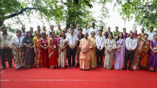 Uttar Pradesh chief minister Yogi Adityanath in Varanasi where he inaugurated a seminar at a college on Friday. (PTI PHOTO)