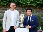 New Delhi, Jun 19 (ANI): Sachin Tendulkar and James Anderson pose alongside the newly unveiled Anderson-Tendulkar Trophy ahead of India vs England series, on Thursday. (@BCCI X/ANI Photo)