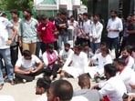 Students, joined by the family of the student who died by suicide, protest outside Sharda University. Students, joined by the family of the student who died by suicide, protest outside Sharda University.