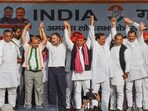 File photo of Samajwadi Party chief Akhilesh Yadav and Congress leader Rahul Gandhi sharing stage at a joint election rally of INDIA bloc.