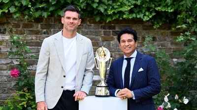 New Delhi, Jun 19 (ANI): Sachin Tendulkar and James Anderson pose alongside the newly unveiled Anderson-Tendulkar Trophy ahead of India vs England series, on Thursday. (@BCCI X/ANI Photo) (@BCCI X) New Delhi, Jun 19 (ANI): Sachin Tendulkar and James Anderson pose alongside the newly unveiled Anderson-Tendulkar Trophy ahead of India vs England series, on Thursday. (@BCCI X/ANI Photo) (@BCCI X)