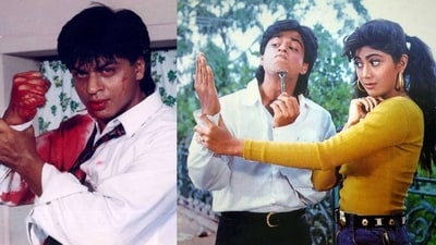 Shah Rukh Khan with his co-star Shilpa Shetty in a still from Baazigar. Shah Rukh Khan with his co-star Shilpa Shetty in a still from Baazigar.