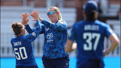 England's Sophie Ecclestone celebrates after taking the wicket of India's Harleen Deol. (Action Images via Reuters) England's Sophie Ecclestone celebrates after taking the wicket of India's Harleen Deol. (Action Images via Reuters)