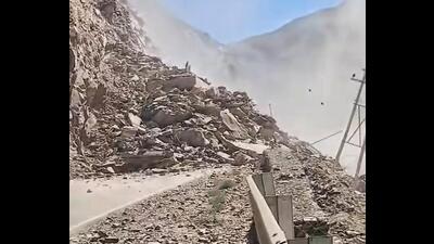 Kinnaur-Kaza NH 5 blocked after landslide near Shalkhar in Samdho in Kinnaur district on Saturday. The highway was later restored. (HT Photo) Kinnaur-Kaza NH 5 blocked after landslide near Shalkhar in Samdho in Kinnaur district on Saturday. The highway was later restored. (HT Photo)