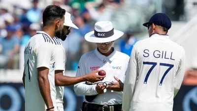 India's captain Shubman Gill, Akash Deep and Mohammed Siraj interact with an umpire over ball change on the first day of the Lord's Test (PTI) India's captain Shubman Gill, Akash Deep and Mohammed Siraj interact with an umpire over ball change on the first day of the Lord's Test (PTI)