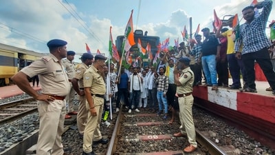 Congress workers blocked a railway track during a bandh called by several opposition parties in protest over the death of a college student in Odisha. (PTI) Congress workers blocked a railway track during a bandh called by several opposition parties in protest over the death of a college student in Odisha. (PTI)