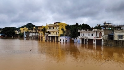 A flooded residential area after heavy monsoon rainfall, in Pushkar, Rajasthan on July 18. (PTI) A flooded residential area after heavy monsoon rainfall, in Pushkar, Rajasthan on July 18. (PTI)