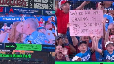 The Philadelphia Phillies debuted their version of the 'Coldplay kiss cam' on Friday (X) The Philadelphia Phillies debuted their version of the 'Coldplay kiss cam' on Friday (X)