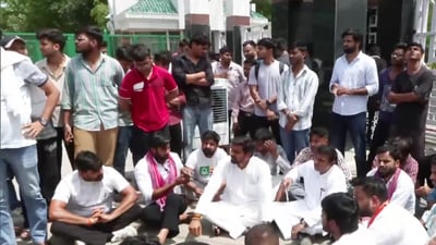 Students, joined by the family of the student who died by suicide, protest outside Sharda University. (VideoGrab) Students, joined by the family of the student who died by suicide, protest outside Sharda University. (VideoGrab)
