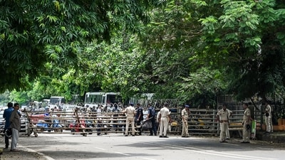 Police personnel block a road leading to the Odisha Assembly in view of the protest march of BJD workers over the death of a college student in Odisha's Balasore (PTI) Police personnel block a road leading to the Odisha Assembly in view of the protest march of BJD workers over the death of a college student in Odisha's Balasore (PTI)