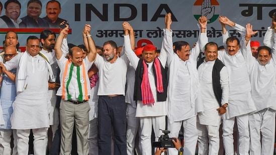 File photo of Samajwadi Party chief Akhilesh Yadav and Congress leader Rahul Gandhi sharing stage at a joint election rally of INDIA bloc. (PTI/File)