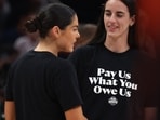 Jul 19, 2025; Indianapolis, IN, USA; Team Clark guard Caitlin Clark (22) and Team Collier guard Kelsey Plum (10) before the 2025 WNBA All Star Game at Gainbridge Fieldhouse. Mandatory Credit: Trevor Ruszkowski-Imagn Images