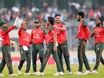 Bangladesh's Tanzim Hasan Sakib (C) celebrates with teammates after taking the wicket of Pakistan's captain Salman Agha Bangladesh's Tanzim Hasan Sakib (C) celebrates with teammates after taking the wicket of Pakistan's captain Salman Agha