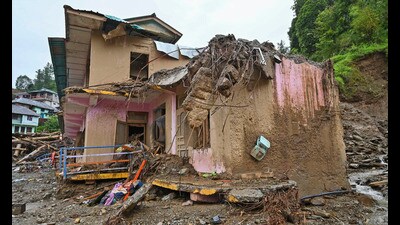 An area affected after cloudburst at Thunag in Mandi district. Monsoon has wreaked havoc in the state. (PTI) An area affected after cloudburst at Thunag in Mandi district. Monsoon has wreaked havoc in the state. (PTI)