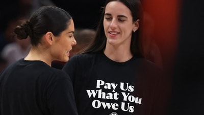 Jul 19, 2025; Indianapolis, IN, USA; Team Clark guard Caitlin Clark (22) and Team Collier guard Kelsey Plum (10) before the 2025 WNBA All Star Game at Gainbridge Fieldhouse. Mandatory Credit: Trevor Ruszkowski-Imagn Images (IMAGN IMAGES via Reuters Connect)