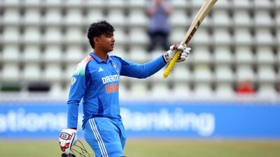 India's Vaibhav Suryavanshi celebrates after completing his century (Action Images via Reuters)
