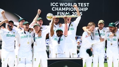 South African captain Temba Bavuma lifts the ICC Test Mace following the recently-concluded WTC 2025 final at Lord's. (Action Images via Reuters)